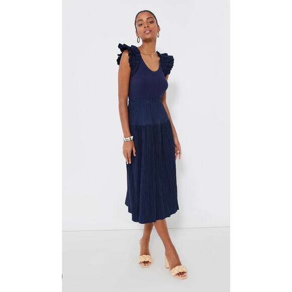 New Ulla Johnson Virginia Midi Dress Ruffle Shoulders Midnight Navy Blue 10 - Picture 1 of 14